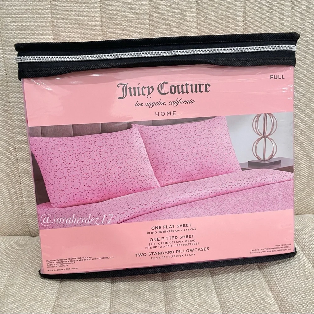 NEW Juicy Couture Full Sheet Set Pink‎ Bows Hearts 4 Piece Bedding